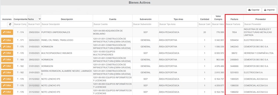 Pantalla de Bienes Activos